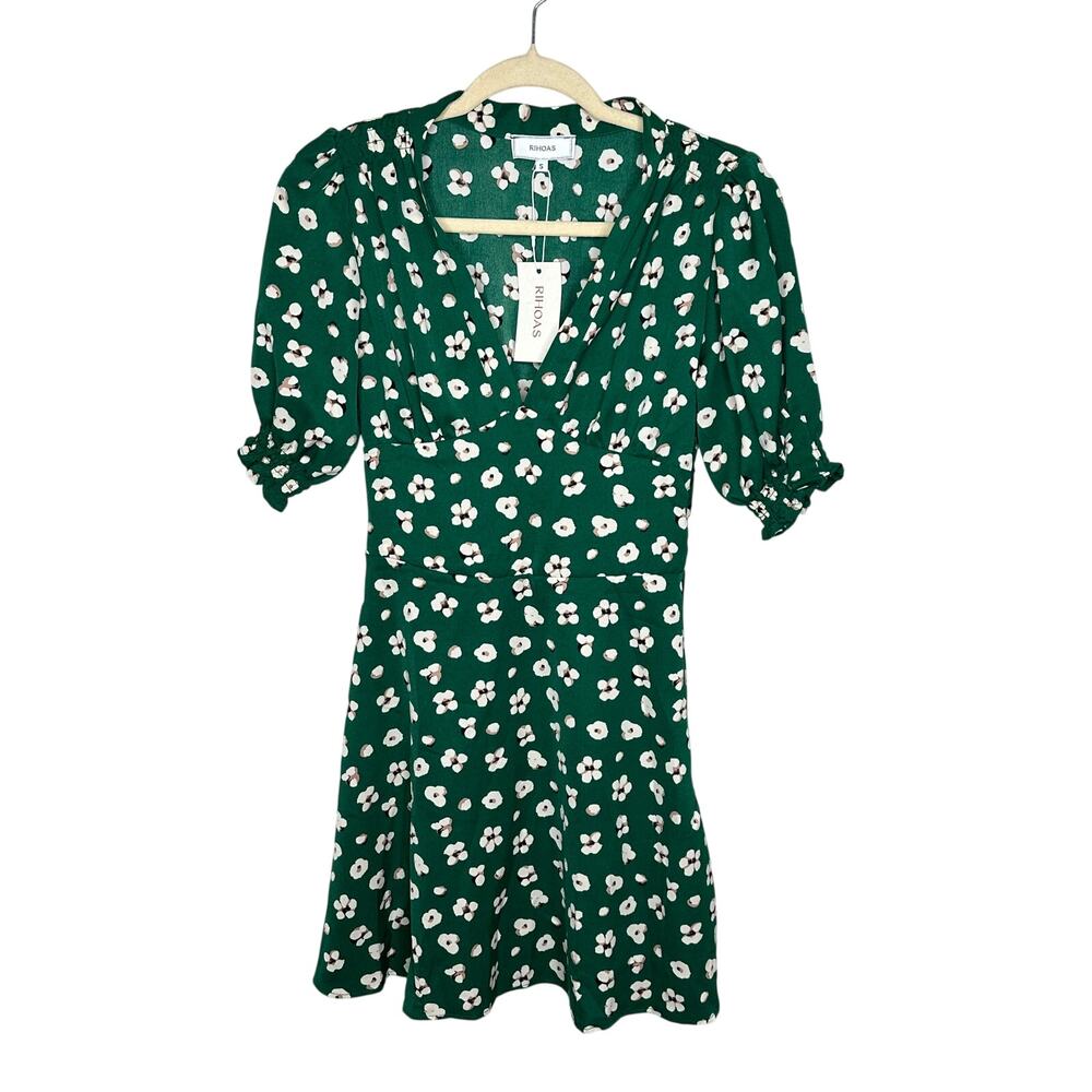 Rihoas NWT Green White Floral Dress Women S Small Puff Sleeve Smocked V-Neck